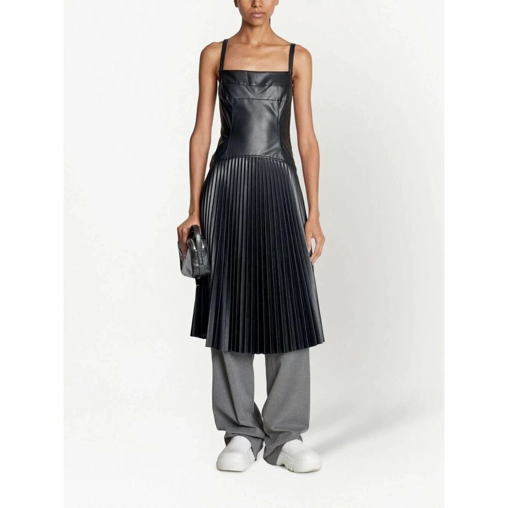 Proenza Schouler White Label Black Drop Waist Pleated Faux Leather dress sz10